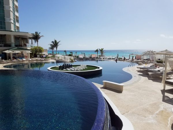 The affinity pools at Sandos Cancun are built upon a few levels and have a fun chess board in the middle of one pool. 
