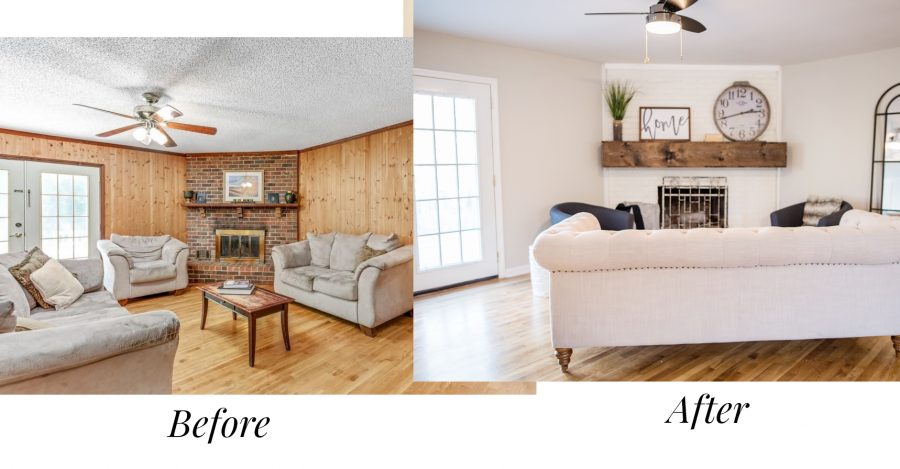 Before and after of the living room of our first house flip