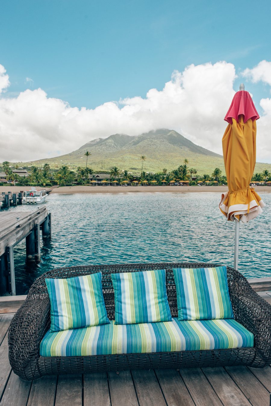Lounge with views of Mount Nevis at the best resort in Nevis